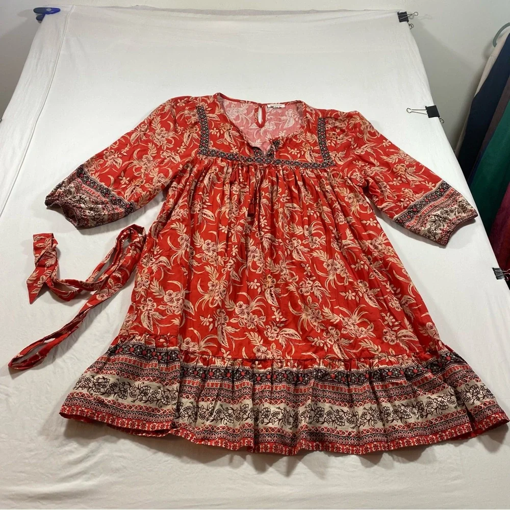 Beach Lunch Lounge Red Floral Boho Dress Belted Women’s XXL mini A-line Dress - Picture 9 of 9